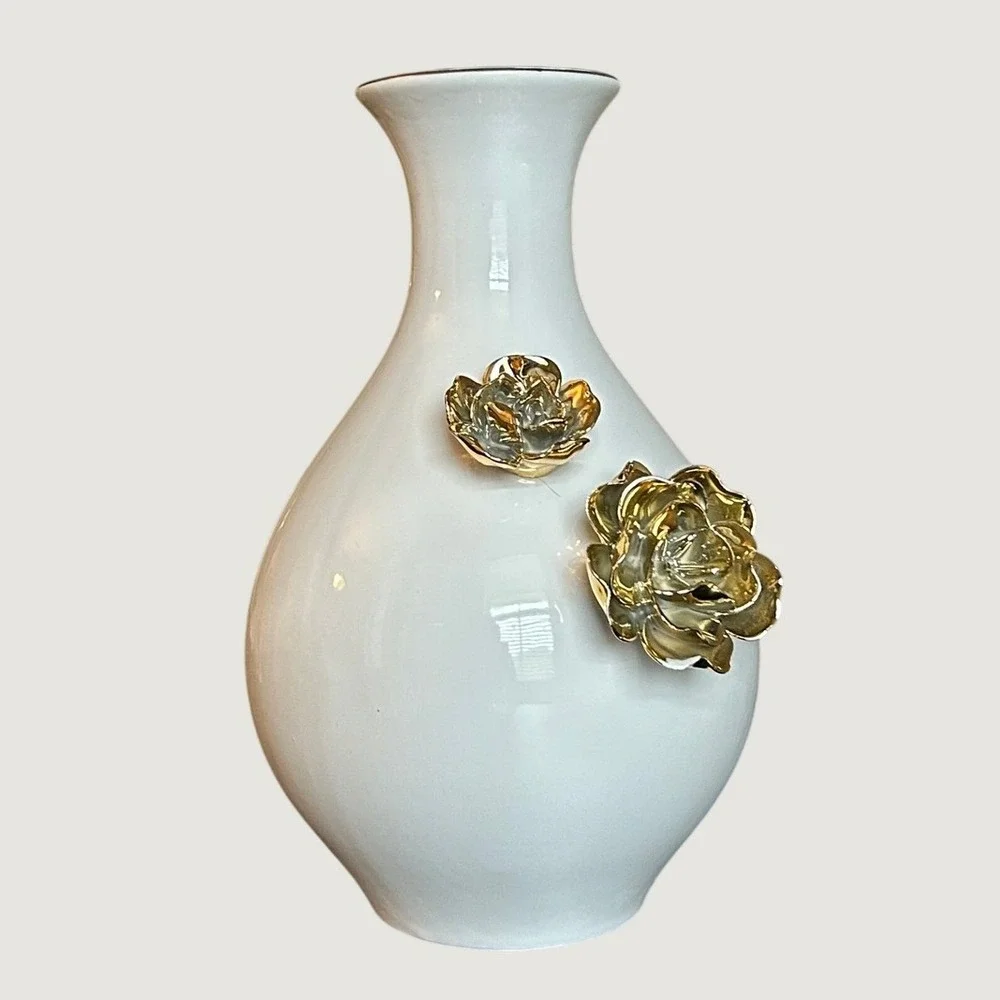 Providence At Home White Ceramic Vase Gold Metallic Roses 3D Floral 9.5 inch